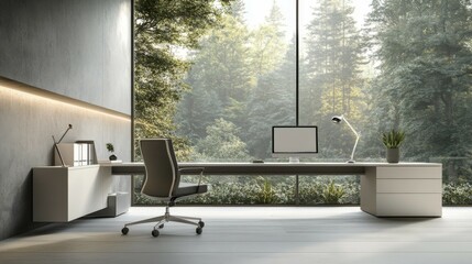 Fototapeta premium Modern Home Office with Large Window and Forest View