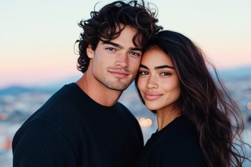 Diverse couple enjoying soft evening light on balcony with cityscape and mountains in background