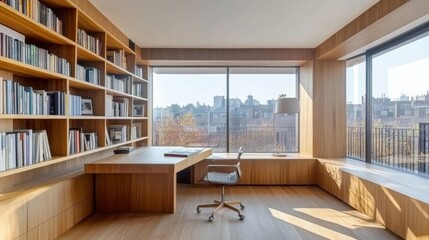 Modern Home Office with City View and Large Bookshelf