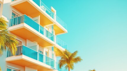 Obraz premium Modern beachside building with palm trees under a clear sky.