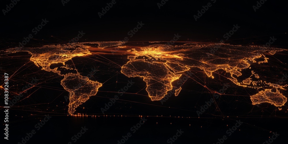 Sticker globalization concept : continents connected by energy lines on a grid background,space for text