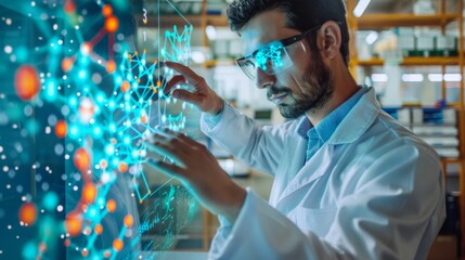 Scientist interacting with virtual holographic data display in a modern laboratory with advanced digital technology