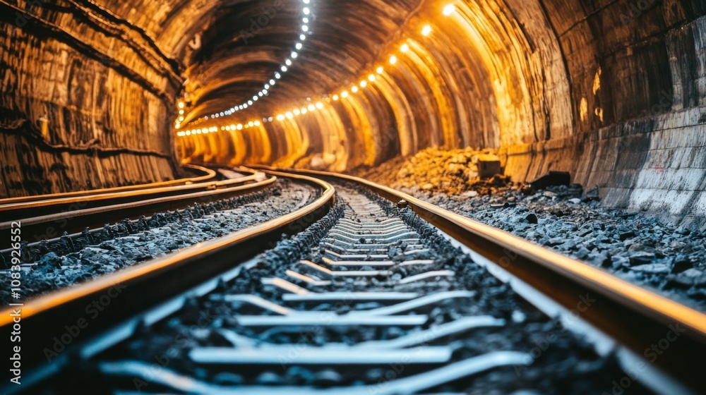 Aufkleber intricate perspective of railway tracks curving through a dimly lit tunnel surrounded by stone walls