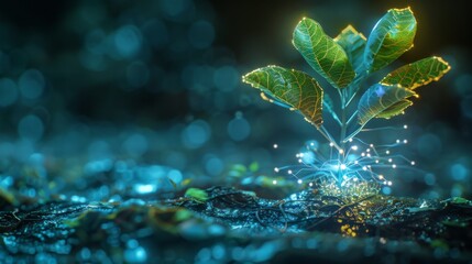 Futuristic plant glowing with digital networks in a high-tech environment representing biotechnology and innovation