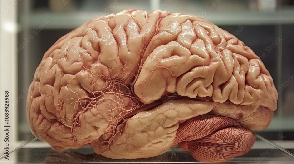 Poster Anatomically Accurate Human Brain Model Displayed on Glass Surface with Detailed Structure and Vascular System Highlighted for Educational and Medical Representation