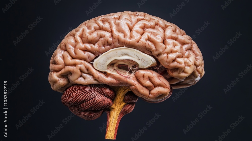 Poster Anatomically Detailed Human Brain Model Displaying Distinct Regions and Structures Against a Dark Background for Educational and Artistic Purposes
