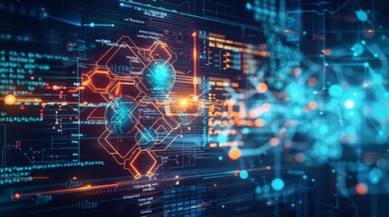 Futuristic Molecular Structure Visualization on Digital Interface with Data Points and Graphs