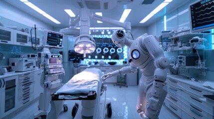 Advanced Medical Robot in High-Tech Operating Room Performing Precision Surgical Procedures