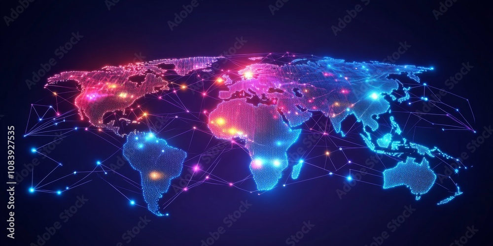 Sticker vibrant global network with interconnected dots and lines in neon colors