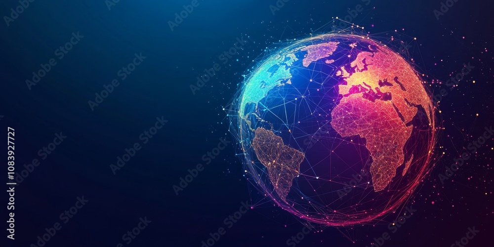 Sticker vibrant global network with interconnected dots and lines in neon colors