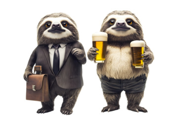 two ferret hold briefcase and juice drink isolated on transparent background
