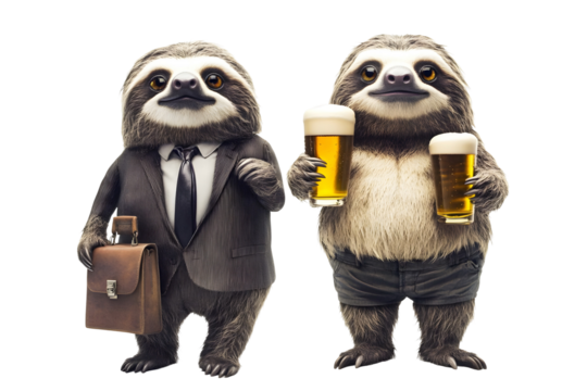 two ferret hold briefcase and juice drink isolated on transparent background