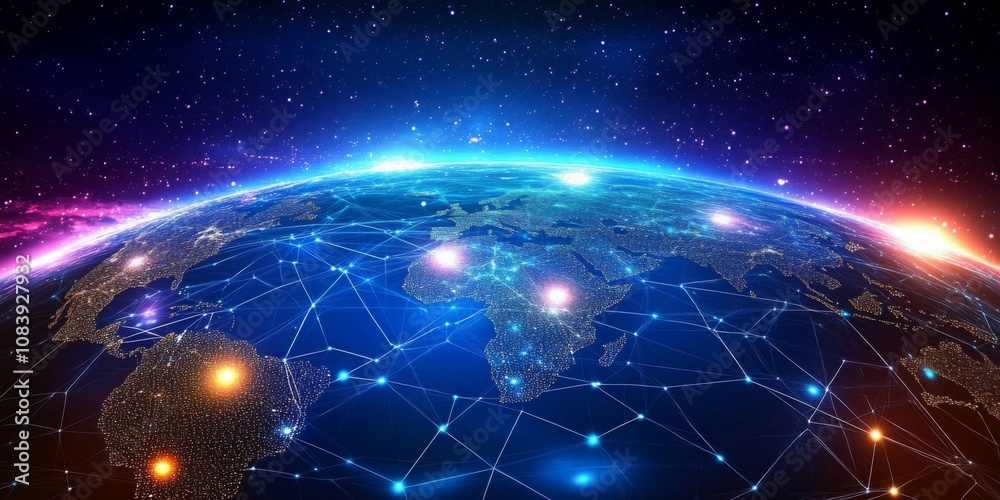 Wall mural vibrant global network with interconnected dots and lines in neon colors