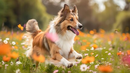 Collie running energetically through a colorful field of blooming wildflowers in a sunny meadow