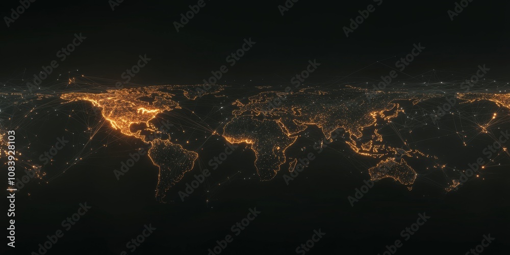 Wall mural abstract digital map with glowing world connectivity lines on a dark background