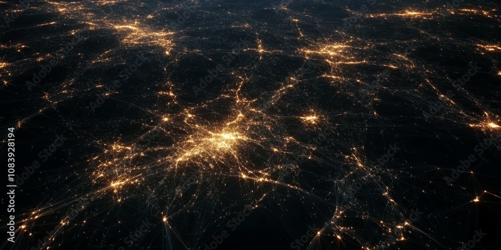Wall mural abstract digital map with glowing world connectivity lines on a dark background