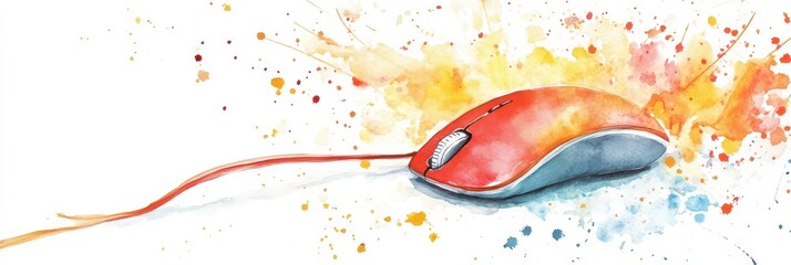 Vibrant celebration of computer mouse day with colorful abstract design. Horizontal banner. Copy space. Red computer mouse on a white background. Watercolor illustration. Computer Security Day