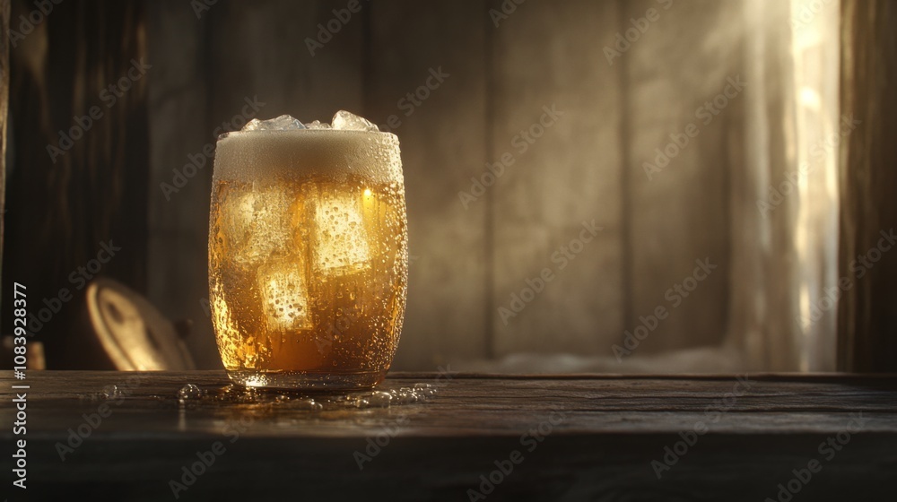 Poster Refreshing Glass of Cold Beer with Ice Cubes on Wooden Table in Cozy Interior with Warm Lighting Creating a Relaxing Atmosphere for Enjoyment