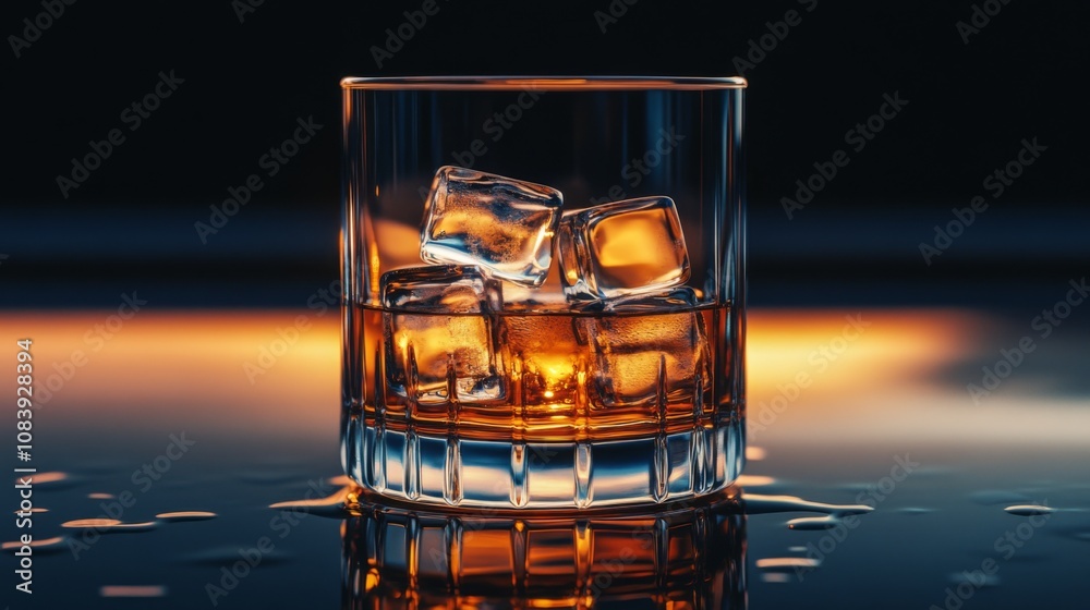 Poster Elegant Close-Up of a Crystal Glass Filled with Golden Whiskey and Ice Cubes on a Dark Background with a Soft Warm Glow and Droplets of Water