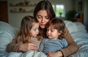 Obraz premium Mother holds two small children close on a bed. Children are cuddling with their mom. Mom is affectionate with kids. Indoor scene. Family moment. Warm and loving relationship. Happy kids