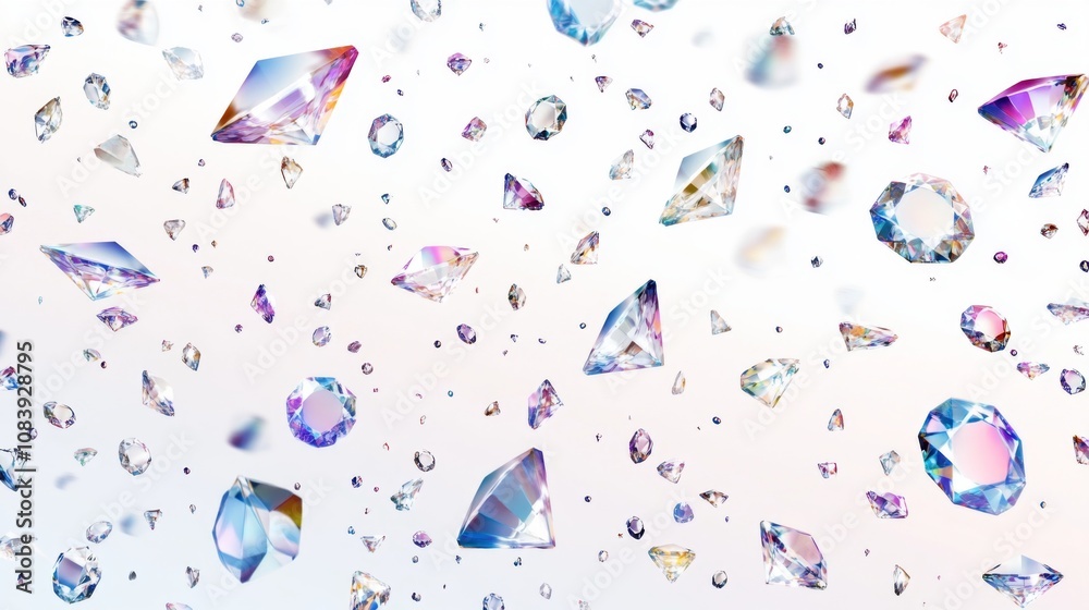 Poster A Stunning Background of Falling Gems and Diamonds with Various Shapes and Colors Sparkling Against a Soft Gradient Atmosphere for Elegant Designs