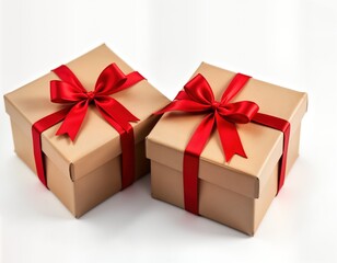 Obraz premium Two gift boxes with red ribbons isolated on white background. Elegant brown boxes with decorative red ribbons. Ideal for Christmas holiday. Eco-friendly paper presents. Perfect gift wrapping. Special