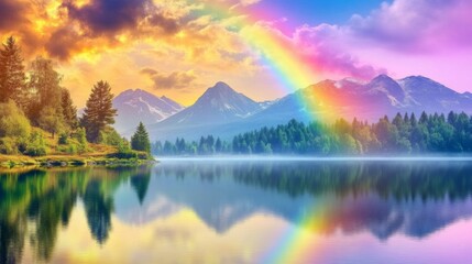 Fototapeta premium Majestic Landscape with Rainbow Over Tranquil Lake Surrounded by Mountains and Lush Greenery at Sunset Capturing Nature's Vibrant Beauty and Serenity
