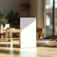 Table tent card mockup template, featuring a menu frame on a table. 3D rendering, illustrations, and vector design.



