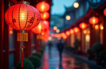 Naklejka premium Red lanterns hang in city street at night. Traditional Asian decor. Blurred people walk in background. Celebration atmosphere. Holiday season. Evening scene. Cultural event. Street scene. New year