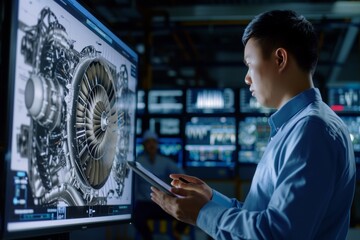A professional examines intricate details of an aircraft turbine on a large digital screen, showcasing cutting-edge technology in an engineering lab. Chinese male researcher at work