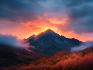Fototapeta premium stunning mountain landscape during sunset with vibrant colors and dramatic clouds