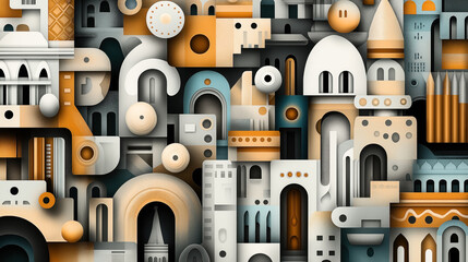 Obraz premium Abstract geometric artwork featuring a collage of architectural shapes and structures in muted shades of orange, teal, and gray.