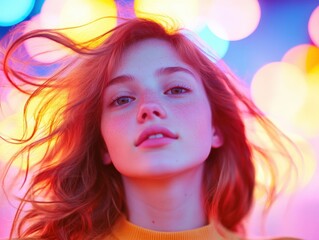 portrait of a young woman with flowing hair against a colorful bokeh background