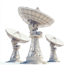 A 3D rendering of a white radio telescope, featuring a large satellite dish and radar, isolated on a black background. The design highlights the technological concept of searching for extraterrestrial