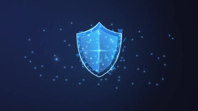 Animation shields cyber security wireframe low poly. blue shield floating looping with sparkle and light.