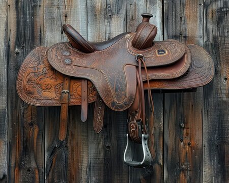A single, leather horse saddle displayed against a barn wood background