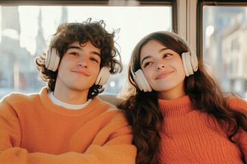 Two friends enjoying music together on a sunny afternoon in a cozy setting