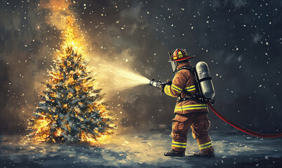 Flames light up the tree while snowflakes fall, creating a powerful image of emergency response and seasonal tragedy. A firefighter extinguishes a burning Christmas tree outdoors at night