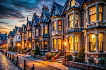 Fototapeta premium Enchanting Low Light Photography of Victorian Terraced Houses at Dusk â€“ Capturing Architectural Elegance and Atmospheric Charm in Urban Settings