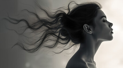 Naklejka premium A Deeply Thoughtful Side Profile of a Person Articulating Ideas with Flowing Sound Waves in a Gray Atmosphere