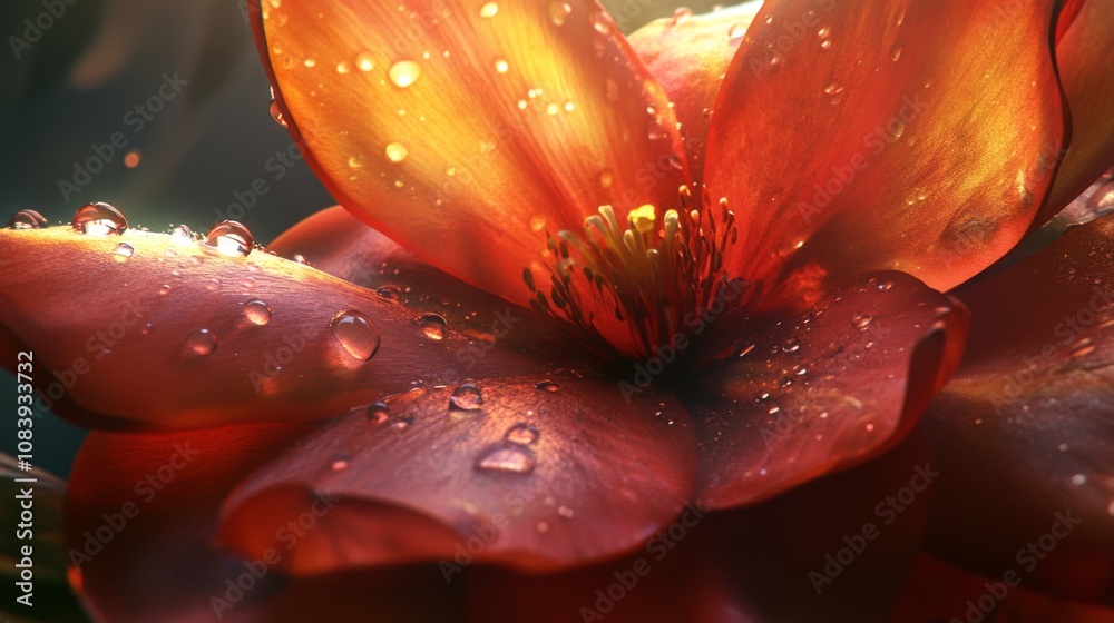 Poster Vibrant Close-Up of a Red Flower with Dew Drops Accentuating Its Delicate Petals in a Soft Focus Background Creating a Stunning Nature Scene