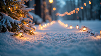 Festive Christmas composition with empty space. Set against a snowy backdrop, it conveys the warmth and elegance of holiday celebrations and seasonal joy.