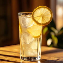tall glass of lemonade with ice cubes and a lemon slice garnish, placed on a wooden table