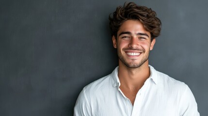 Obraz premium Portrait of a Smiling Man with Dark Hair and White Shirt