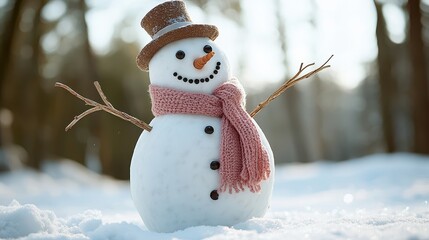 Fototapeta premium Charming Snowman with a Smiling Face and a Cozy Scarf in a Winter Wonderland, Surrounded by Snowy Trees and Bright Daylight