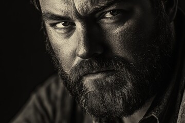 intense portrait of a man with a beard conveying strong emotions