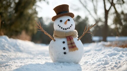 Fototapeta premium Cheerful Snowman Surrounded by Winter Wonderland with Snow-Covered Ground, Tall Trees, and Bright Sunlight in the Background for Seasonal Inspiration and Joy