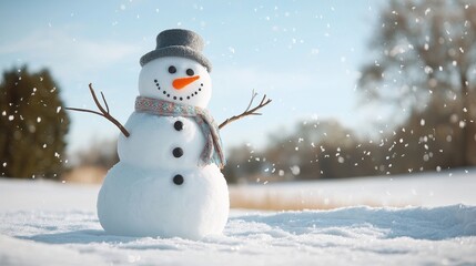 Obraz premium Snowman in Winter Wonderland Surrounded by Snowflakes, Displaying Cheerful Expression and Festive Accessories, Evoking Joy and Holiday Spirit in a Beautiful Landscape