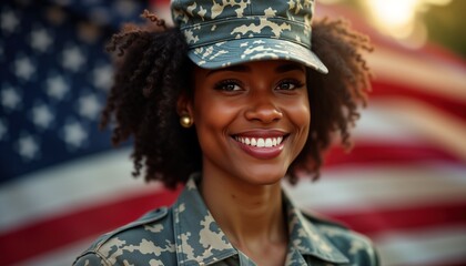 Proud black American woman in military uniform smiles at camera. Patriotic soldier in front of US flag. Happy veteran on Veterans Day. Portrait photo for patriotic themes.