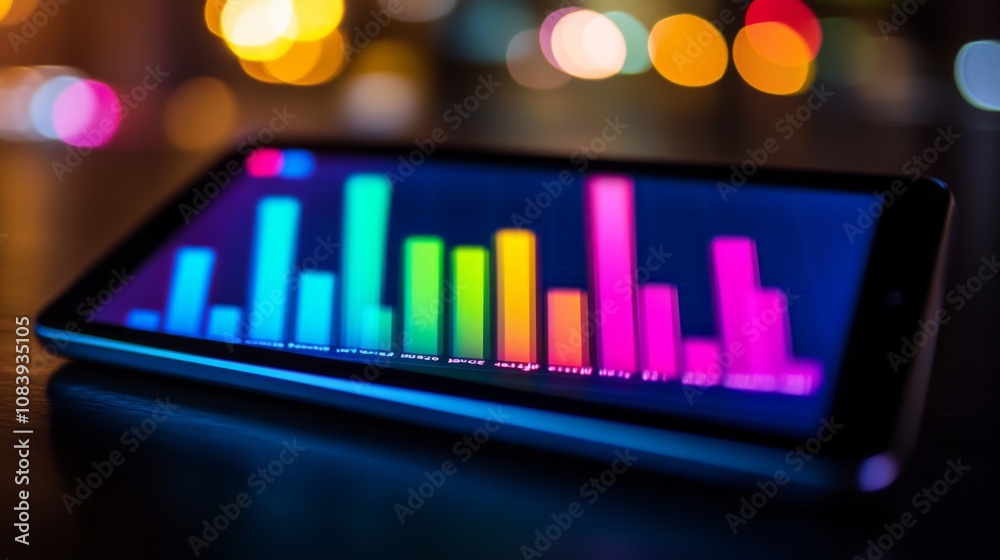 Poster colorful data visualization on mobile device displaying statistical information with blurred backgro